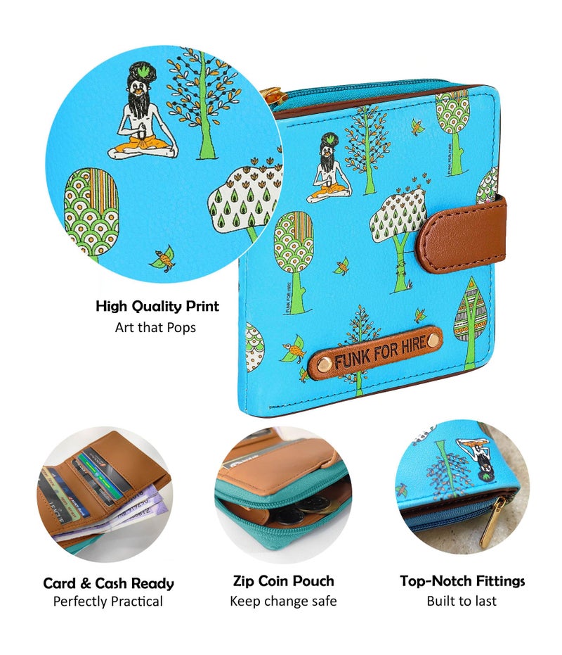 Funk For Hire Women’s Aqua Blue Printed Vegan Leather Square Wallet with 6 Card Slots, Cash Compartment, Zippered Coin Pouch, Magnetic Closure, Compact Two Fold Design, Handcrafted in India - Image 3