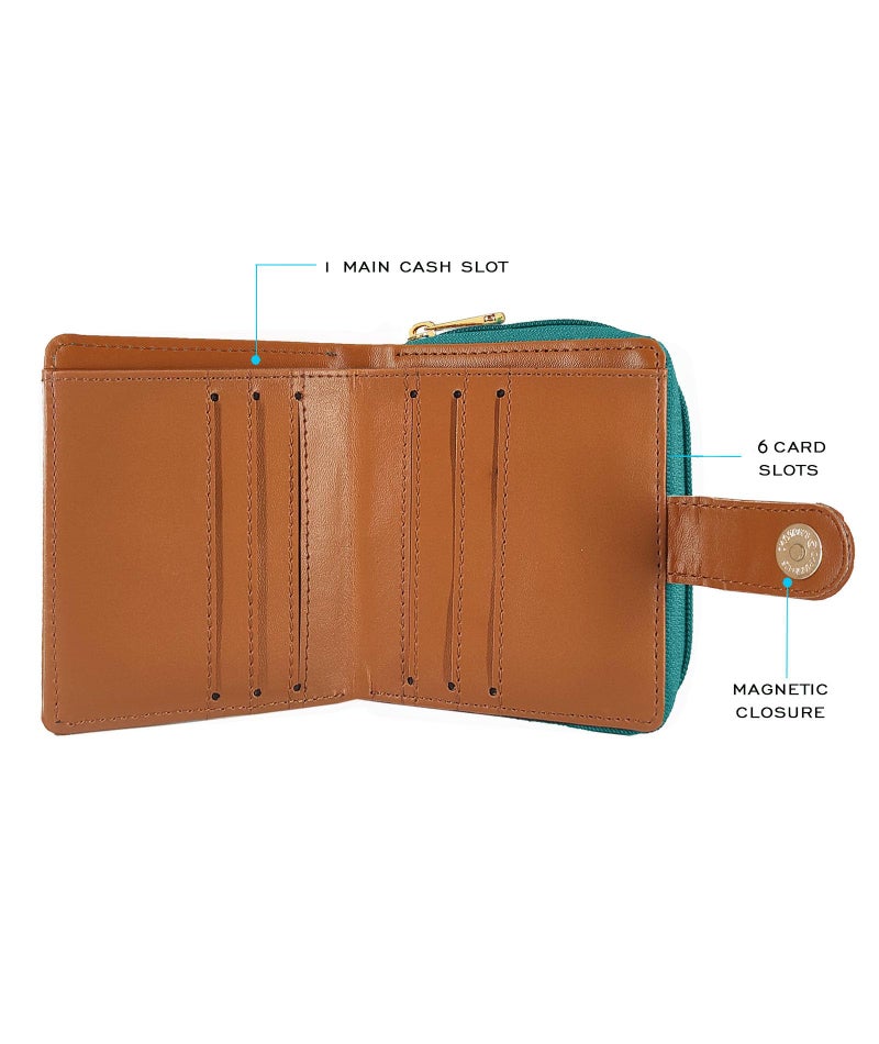 Funk For Hire Women’s Aqua Blue Printed Vegan Leather Square Wallet with 6 Card Slots, Cash Compartment, Zippered Coin Pouch, Magnetic Closure, Compact Two Fold Design, Handcrafted in India - Image 5