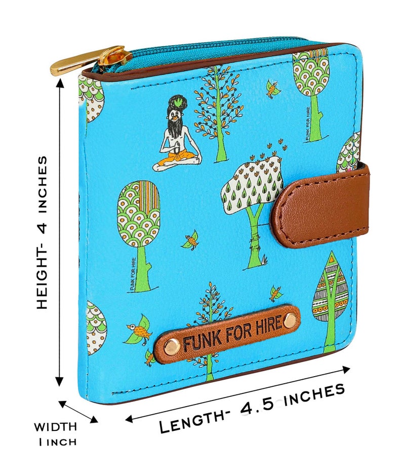 Funk For Hire Women’s Aqua Blue Printed Vegan Leather Square Wallet with 6 Card Slots, Cash Compartment, Zippered Coin Pouch, Magnetic Closure, Compact Two Fold Design, Handcrafted in India - Image 2
