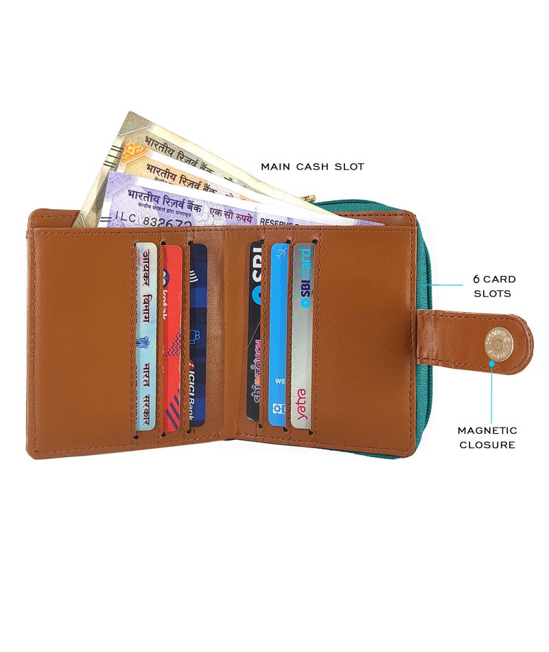 Funk For Hire Women’s Aqua Blue Printed Vegan Leather Square Wallet with 6 Card Slots, Cash Compartment, Zippered Coin Pouch, Magnetic Closure, Compact Two Fold Design, Handcrafted in India - Image 4