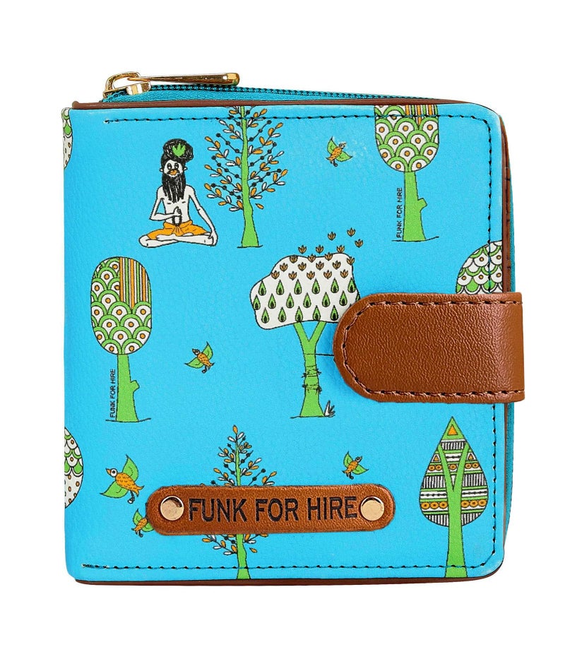 Funk For Hire Women’s Aqua Blue Printed Vegan Leather Square Wallet with 6 Card Slots, Cash Compartment, Zippered Coin Pouch, Magnetic Closure, Compact Two Fold Design, Handcrafted in India - Image 1