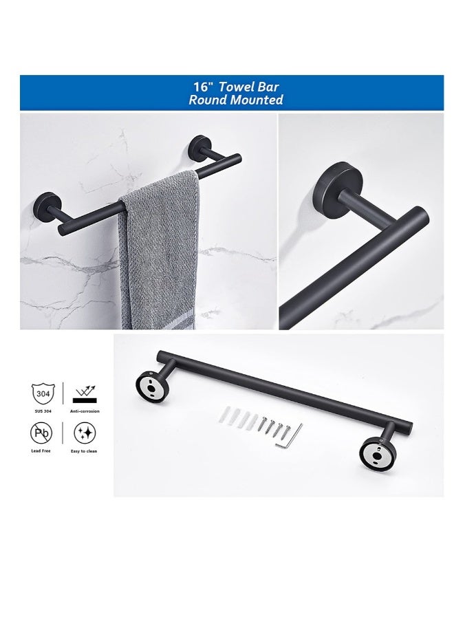 Towel Bar Set KASTWAVE 6 PCS Bathroom Matte Black Stainless Steel Bathroom Accessories Towel Rack Set Round Wall Mounted, Include 16inch Towel Bar, Toilet Paper Holder, Towel Ring, 3 Robe Towel Hooks  - Image 2