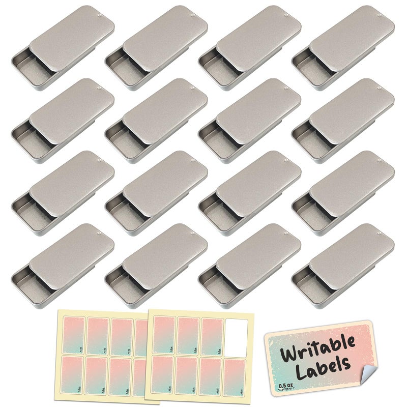 Cubic Ape Slide Top Tin Containers for Lip Balm, Solid Perfume (0.5 oz, 16-Pack, w/Labels) - (Small) Empty Cosmetics Metal Boxes with Sliding Lids (Gloss White) - Image 1