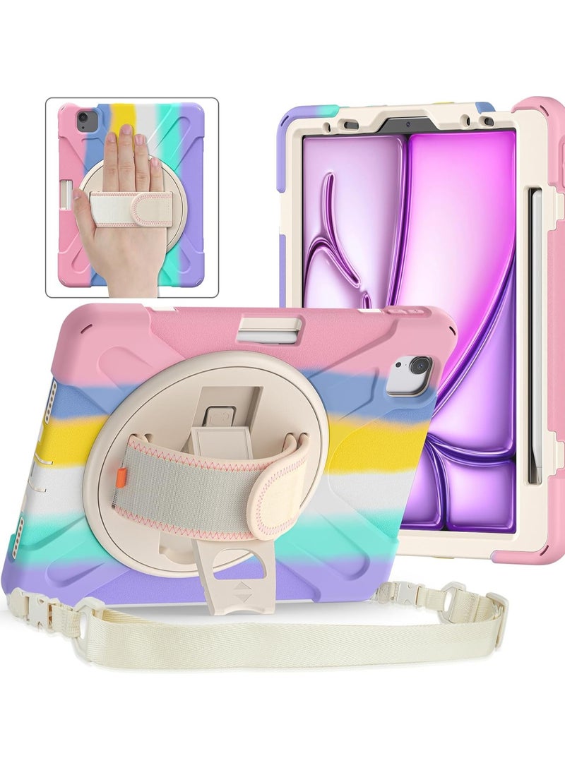 VKL Kids Case for iPad Air 11" M2 2024/iPad Air 5th/4th 10.9", Heavy Duty Rugged Durability Silicone Tablet Cover with 360° Rotating Hand Strap Hidden Stand & Shoulder Strap (Colorful Pink) - Image 1