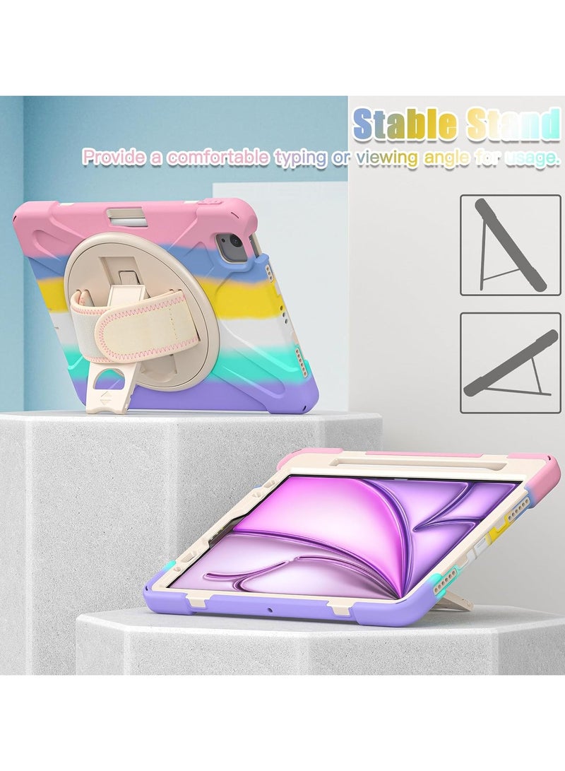 VKL Kids Case for iPad Air 11" M2 2024/iPad Air 5th/4th 10.9", Heavy Duty Rugged Durability Silicone Tablet Cover with 360° Rotating Hand Strap Hidden Stand & Shoulder Strap (Colorful Pink) - Image 2