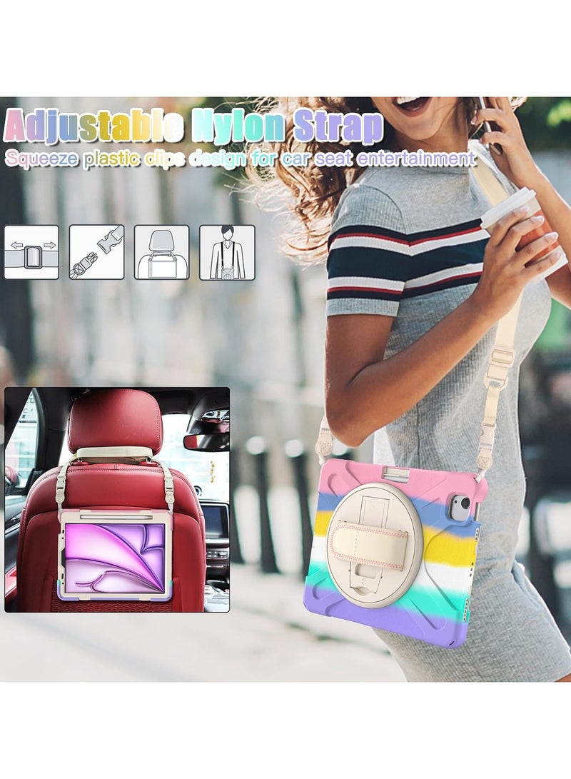 VKL Kids Case for iPad Air 11" M2 2024/iPad Air 5th/4th 10.9", Heavy Duty Rugged Durability Silicone Tablet Cover with 360° Rotating Hand Strap Hidden Stand & Shoulder Strap (Colorful Pink) - Image 5