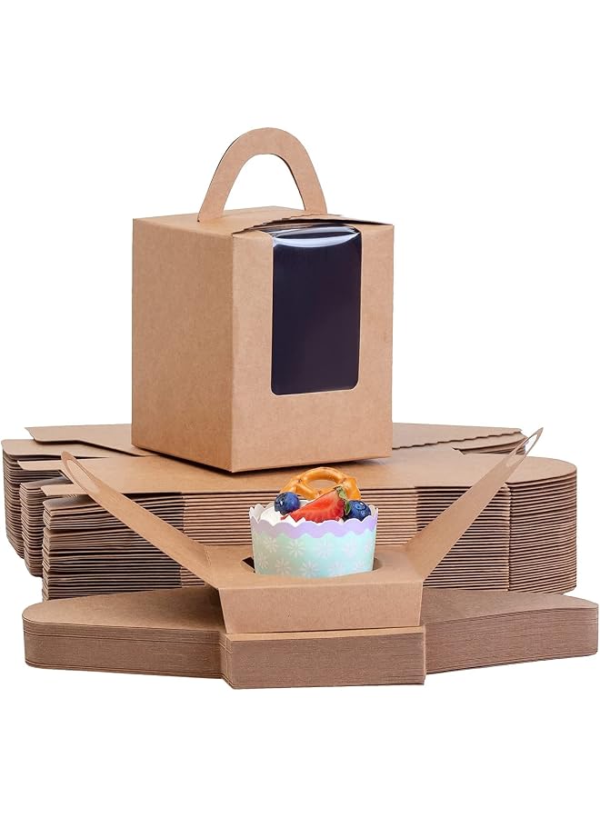 S-TOP 25 Pcs Brown Cupcakes Containers Gift Boxes with Window Inserts Handle for Wedding Candy Boxes (Brown) - Image 1