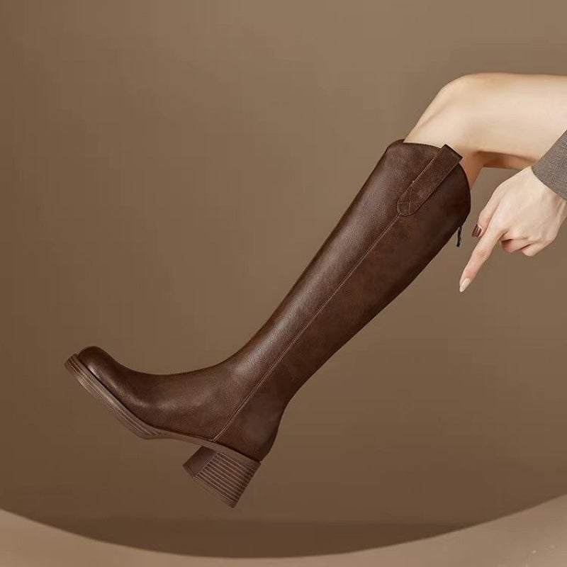 Vintage Brown Thigh-High Boots Women Block Heel Brown 