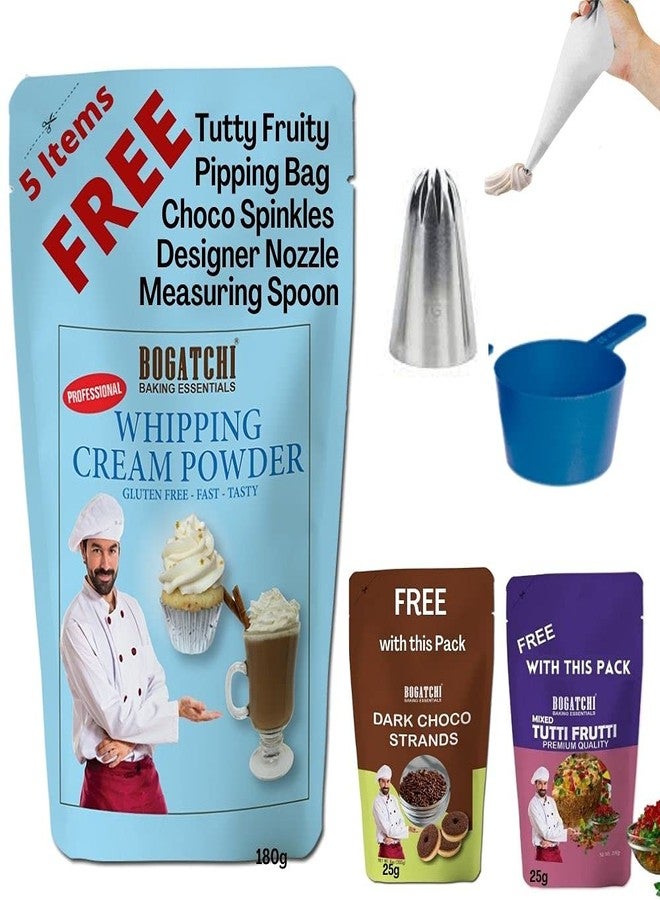 BOGATCHI Whipping Cream Powder, Gluten Free | Tasty | Non-GMO, 180g , Free Dark Chocolate Sprinkles and Tutty Fruity, Measuring Spoon - Image 1