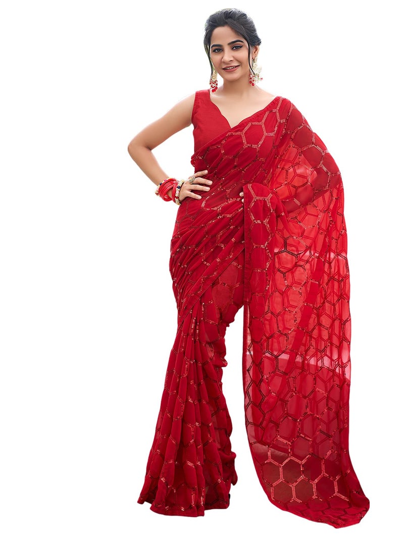 Satrani Women's Georgette Sequence Work Saree with Unstitched Blouse Piece (3775S105N_Red5) - Image 1