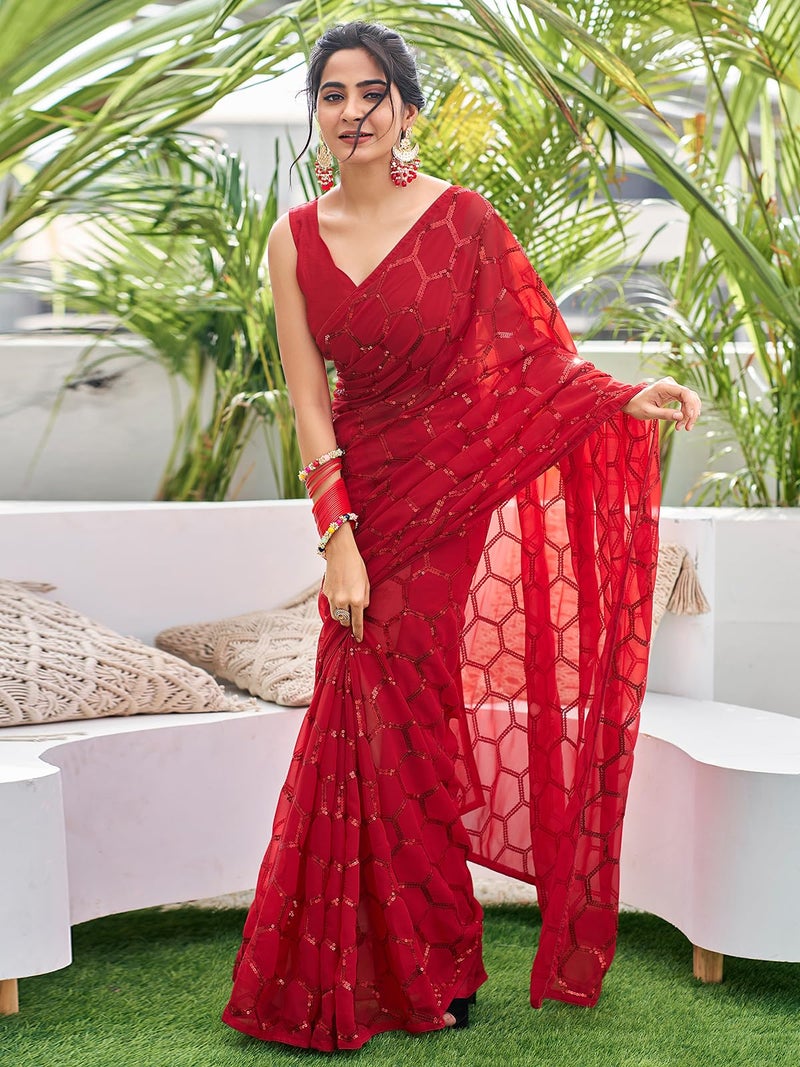 Satrani Women's Georgette Sequence Work Saree with Unstitched Blouse Piece (3775S105N_Red5) - Image 3