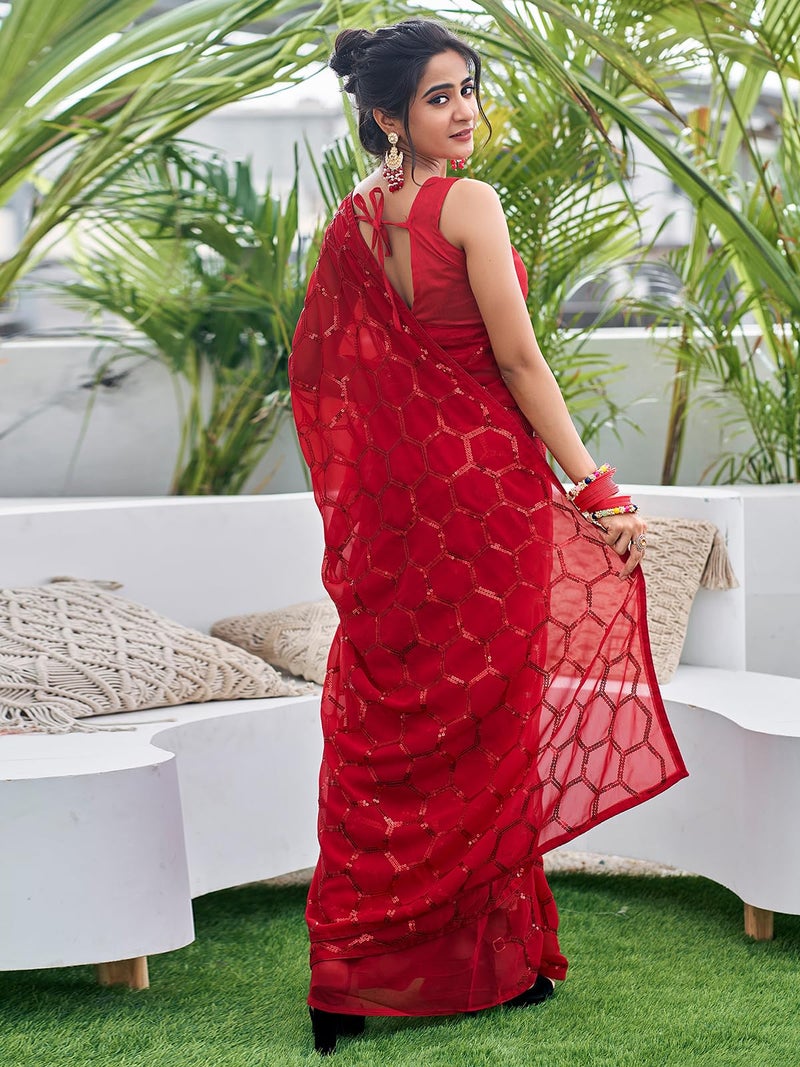 Satrani Women's Georgette Sequence Work Saree with Unstitched Blouse Piece (3775S105N_Red5) - Image 2