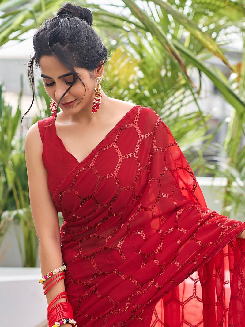 Satrani Women's Georgette Sequence Work Saree with Unstitched Blouse Piece (3775S105N_Red5) - Image 4