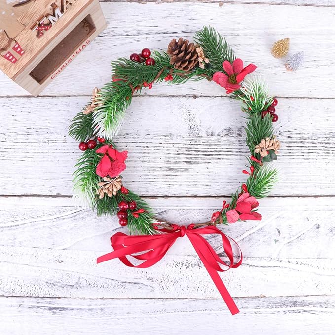 minkissy minkissy Christmas Flower Crown Garland Red Berry Stems Spray Headband Leaves Floral Hair Wreath Flower for Woman Girl Xmas Holiday Decoration