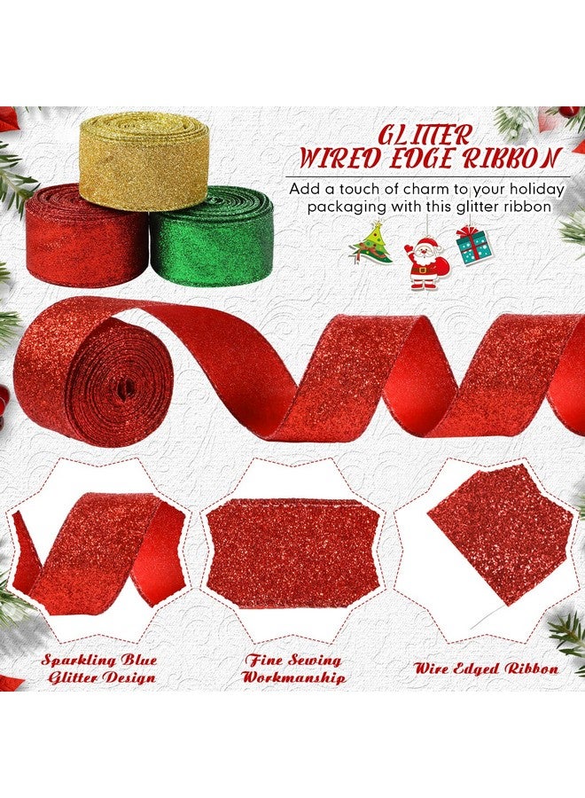 Juinte 3 لفة 30 ياردة شريط زينة عيد الميلاد مع سلك هدايا حفلات عيد الميلاد تزيين تغليف الهدايا لشريط الحرف اليدوية زينة رباط الرأس (1.5 بوصة، أحمر، أخضر، ذهبي) - Image 2