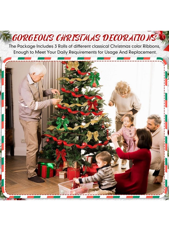 Juinte 3 لفة 30 ياردة شريط زينة عيد الميلاد مع سلك هدايا حفلات عيد الميلاد تزيين تغليف الهدايا لشريط الحرف اليدوية زينة رباط الرأس (1.5 بوصة، أحمر، أخضر، ذهبي) - Image 3