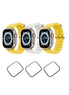 Silicone Ocean Band Strap for Apple Watch Ultra 8 49mm Yellow,White and Yellow Set of 3 with 3* 49mm Watch glass