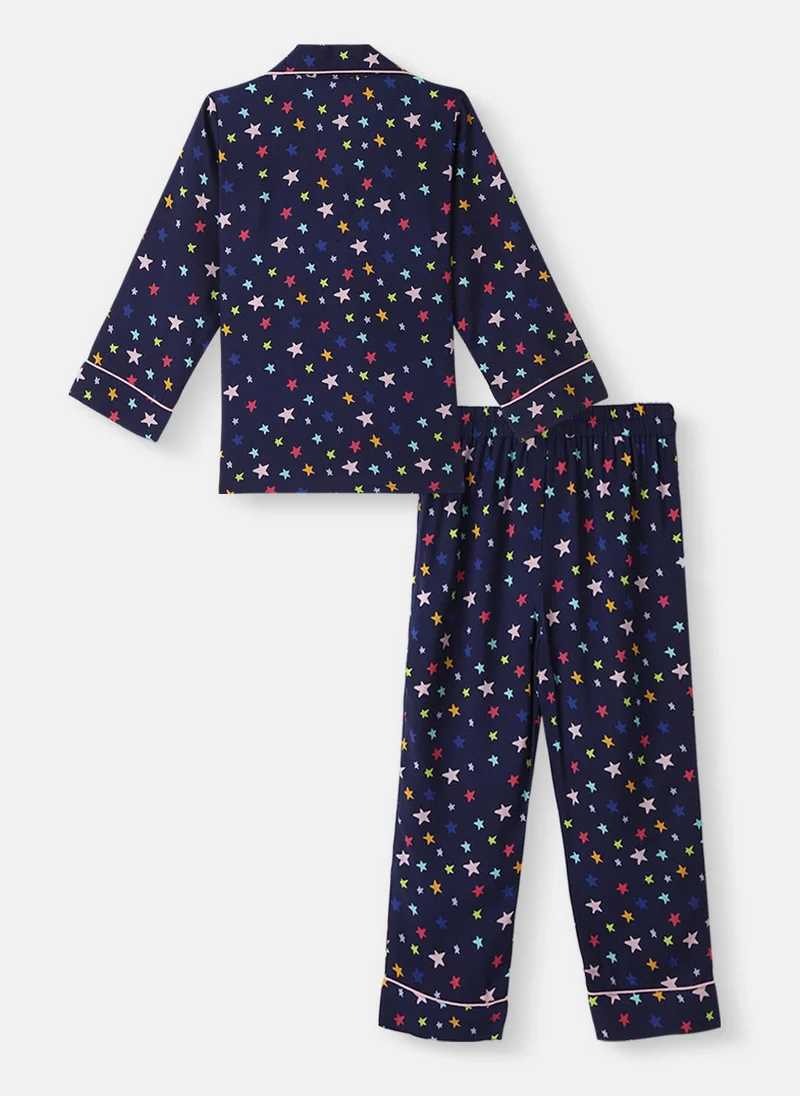 نوتيناتي Nautinati Boys Star Print Collar Neck Shirt and Matching Pants Nightsuit