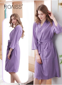 roaiss Women and Men Waffle Kimono Bathrobe Cotton Sleepwear Spa Robe Nightwear Nightgown Women Water Bathrobe Bridesmaid Robes Unisex Dressing Gown Autumn Robe Purple  - Image 1