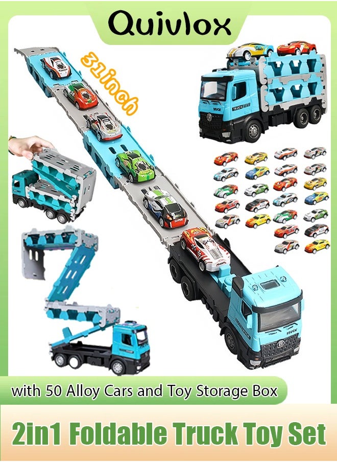 Quivlox - Truck Toy,Race Car Track Toy Truck Toy with Slots & Foldable Race Tracks Transport Car Carrier Toy for Toddlers Cars Toy Set Container Truck Toy with 50 Alloy Cars Vehicles Toy Set for 3+ Kids Boys Girls - Image 1