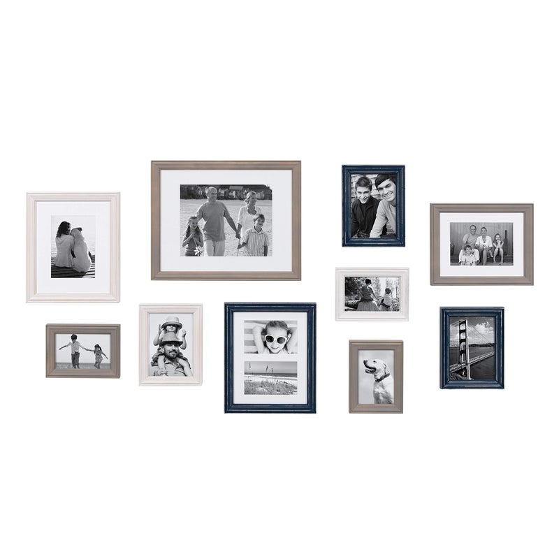 Kate and Laurel Kate and Laurel Bordeaux Coastal Gallery Wall Kit Set of 10 with Assorted Size Frames in 3 Different Finishes White Blue and Gray 