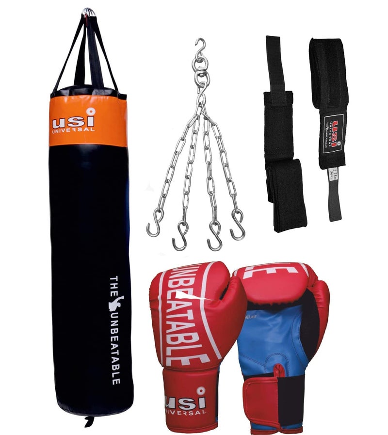 USI UNIVERSAL Boxing Kit With 626N Crusher Nylon Unfilled Boxing Punching Bag, Boxing Gloves, 1 Pair Hand Wraps, 4-Legs Hanging Chain for Boxing Martial Art Kickboxing Training (With 60cm Bag) - Image 1