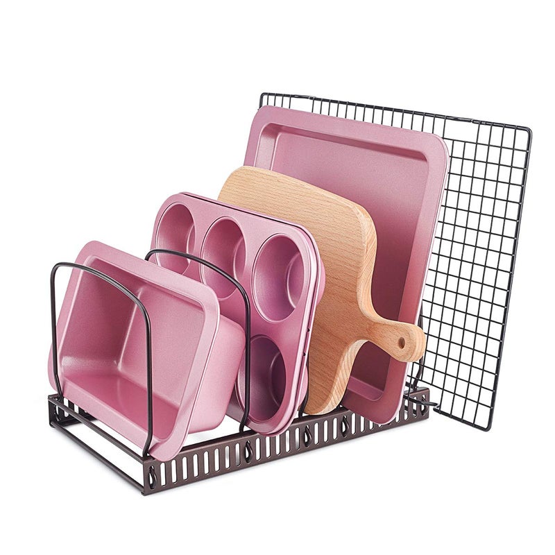 Toplife 10 Bakeware Organizer Rack for Kitchen Bakeware Cookware Dinnerware Cutting Boards Plates Pot and Pan Lids Brown