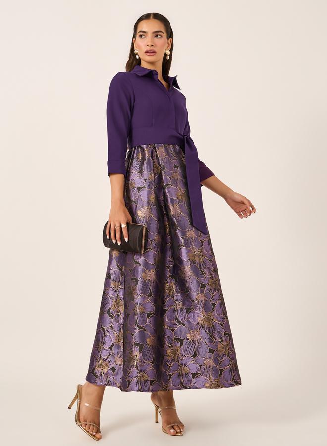 فستان ماكسي بأكمام ثلاثة أرباع وطبعات زهور وتفاصيل...