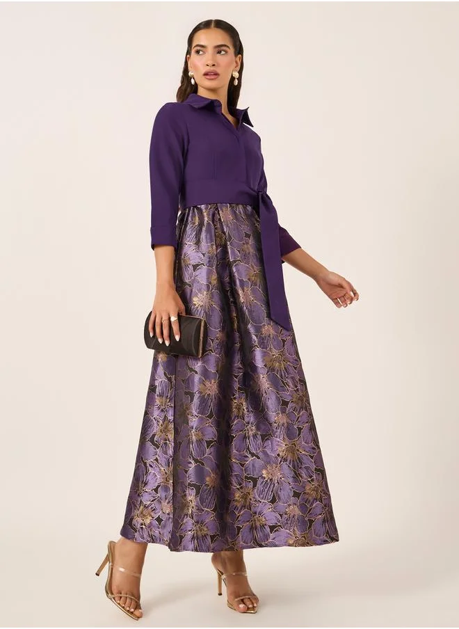 Styli Styli Floral Print 3/4 Sleeves A-Line Maxi Dress with Tie Detail