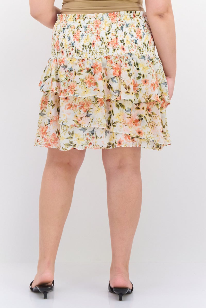 1 State Women Plus Size Floral Print Mini Skirts, Orange Combo - Image 3