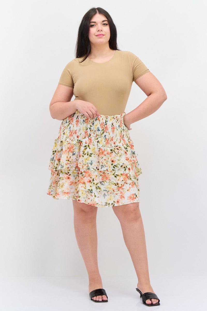 1 State Women Plus Size Floral Print Mini Skirts, Orange Combo - Image 4