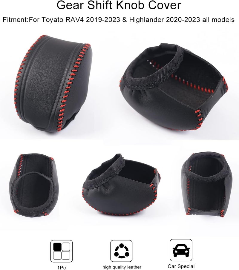 YAKANEY for RAV4 2019-2025 Gear Shift Knob Cover, Genuine Leather Interior Protective Gear Shift Trim for Toyota Highlander 2020-2025- Red Trim - Image 3