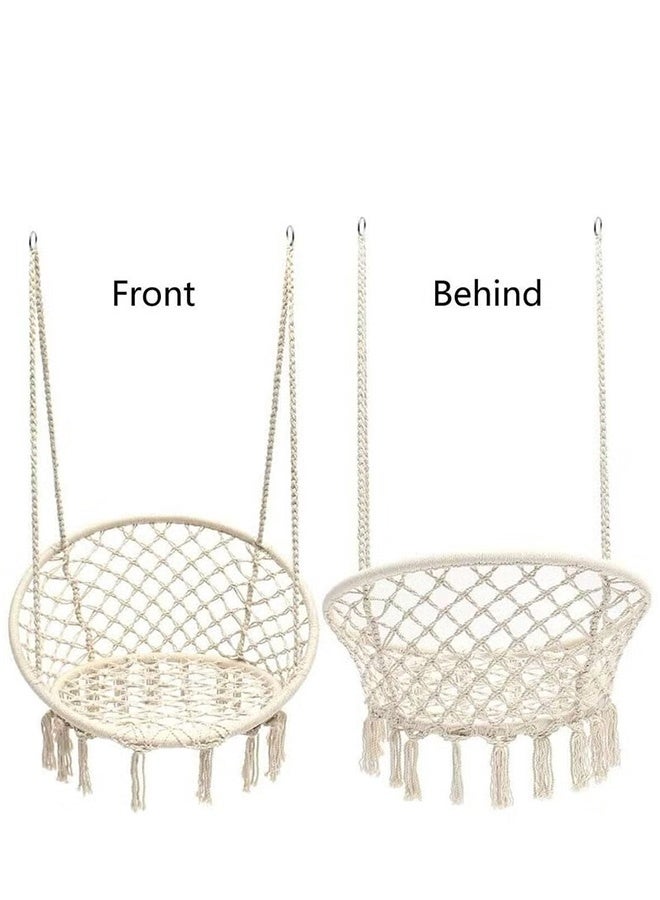 رات سو ​ كرسي معلق مُحاك يدويًا (صناعة المكرامي) - كرسي أرجوحة متين ومريح منسوج بحبال قطنية بزخارف جميلة للفناء والحديقة والشرفة، باللون الأبيض الكريمي - Image 2