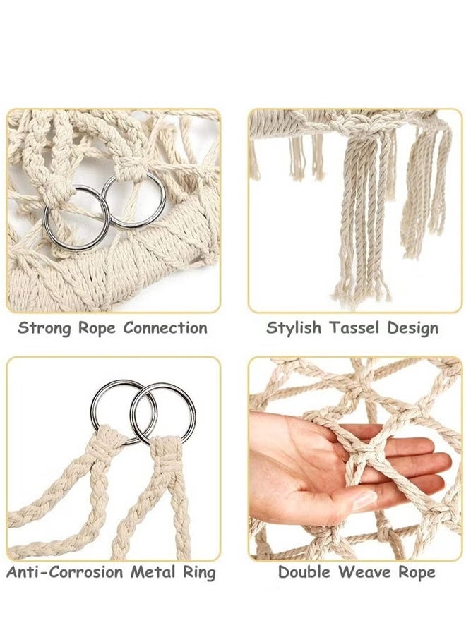 رات سو ​ كرسي معلق مُحاك يدويًا (صناعة المكرامي) - كرسي أرجوحة متين ومريح منسوج بحبال قطنية بزخارف جميلة للفناء والحديقة والشرفة، باللون الأبيض الكريمي - Image 3