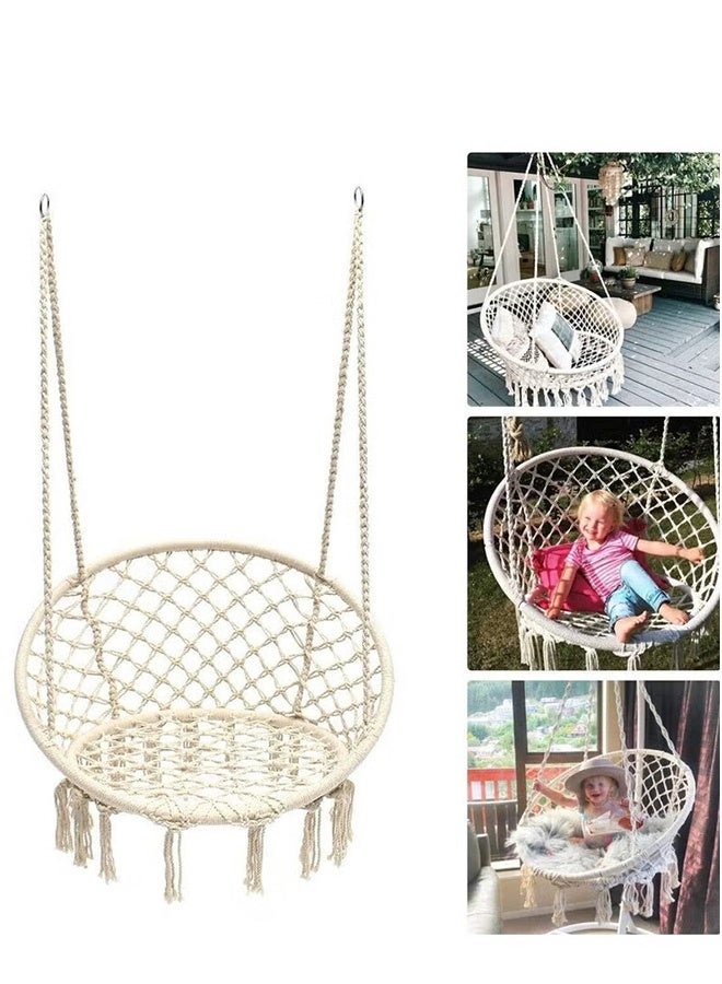 رات سو ​ كرسي معلق مُحاك يدويًا (صناعة المكرامي) - كرسي أرجوحة متين ومريح منسوج بحبال قطنية بزخارف جميلة للفناء والحديقة والشرفة، باللون الأبيض الكريمي - Image 5