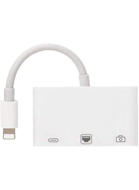 3-in-1 Charging and Data Cable – Multi-Port Adapter for Mobile Phones – USB + Type-C + Lightning – White