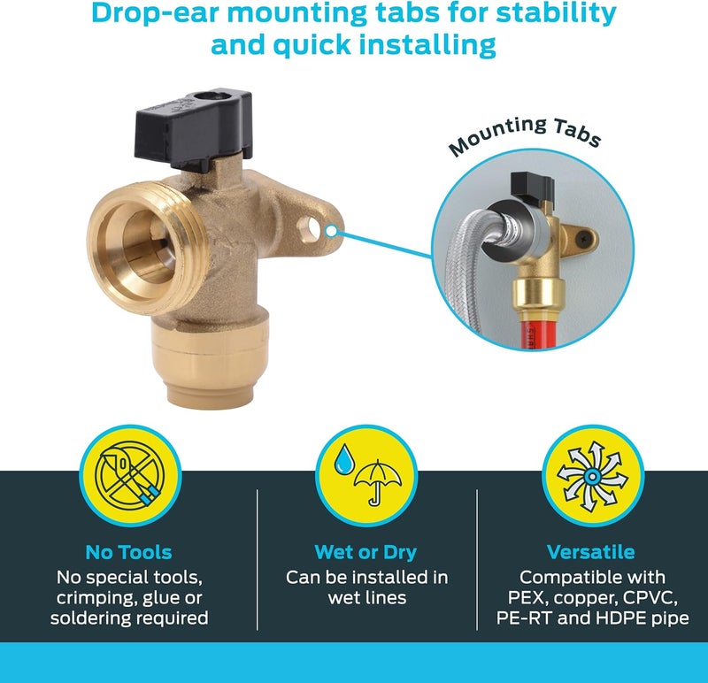 SharkBite 1/2 Inch x 3/4 Inch MHT Washing Machine Angle Valve, Push to Connect Brass Plumbing Fitting, PEX Pipe, Copper, CPVC, PE-RT, HDPE, 25560LF - Image 3