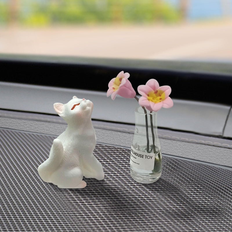OYIXIO Cute Cat and Pink Lily Vase Car Decoration Fun Car Interior Decoration Accessory for Car Rearview Mirrors and Dashboard Suitable for Womens Kawaii Car Gifts - Image 3