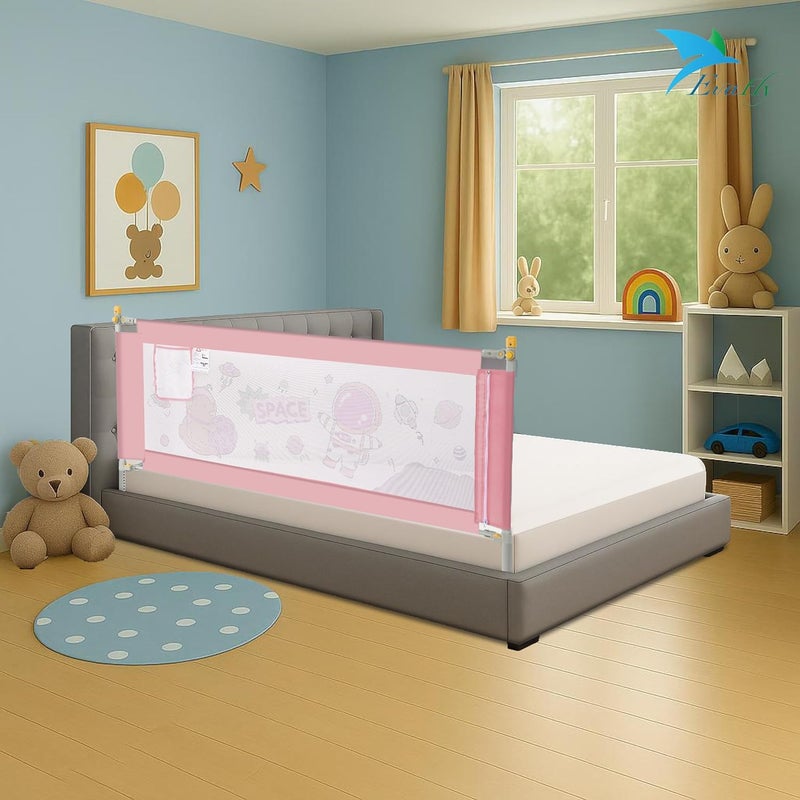 Evafly Bed Railing for Baby Safety Astronaut Print, L-180cm x Adjust Height Between 68-93cm, Single Side Bed Rail for Infant & Toddler's Safety-Pink - Image 1