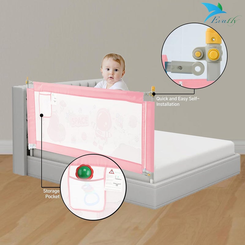 Evafly Bed Railing for Baby Safety Astronaut Print, L-180cm x Adjust Height Between 68-93cm, Single Side Bed Rail for Infant & Toddler's Safety-Pink - Image 4