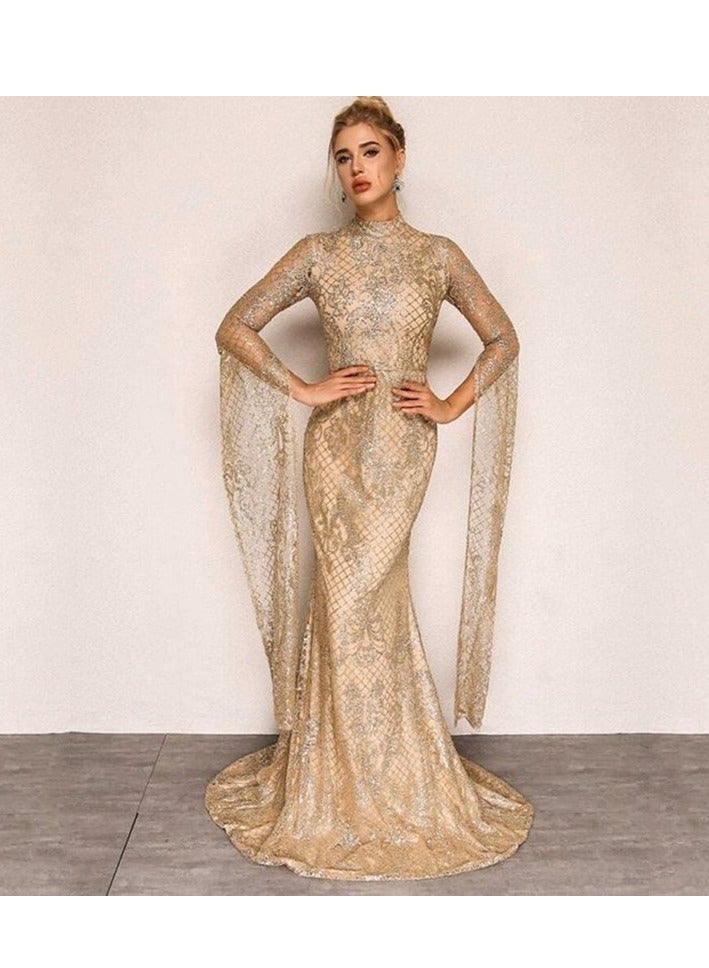 NIBEMINENT فستان نسائي موضة مزين بالشرابات مع تصميم مجوف فستان كوكتيل مسائي بأكمام طويلة وياقة مرتفعة خصر عالي كورسيه فستان حورية البحر - Image 1