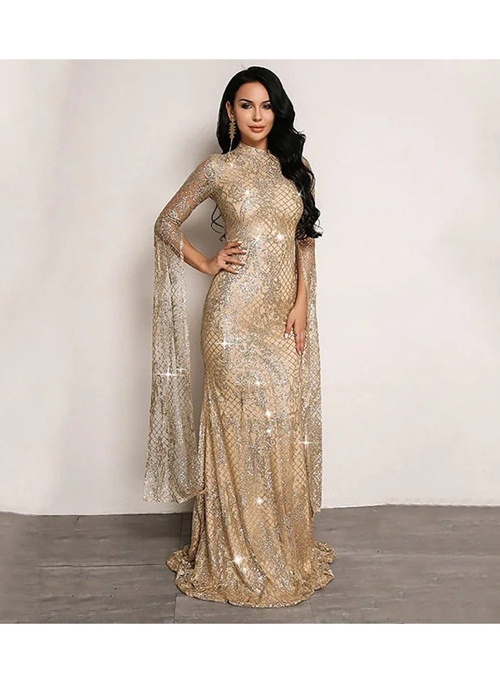 NIBEMINENT فستان نسائي موضة مزين بالشرابات مع تصميم مجوف فستان كوكتيل مسائي بأكمام طويلة وياقة مرتفعة خصر عالي كورسيه فستان حورية البحر - Image 2