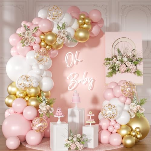 NUTTYBASH Pink and White Balloon Arch Kit 138 Pcs Pink and Gold Balloon Garland Arch Kit Include Pastel Pink White Gold Confetti Balloons for Birthday Baby Shower Wedding Bridal Shower Party - Image 1