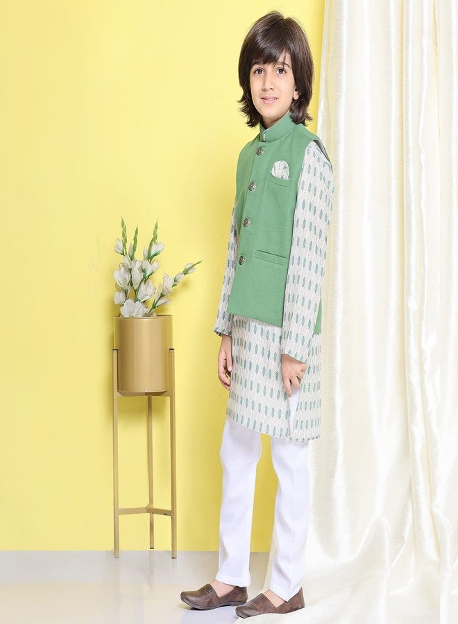 AJ DEZINES Kids Green Cotton Kurta Trouser With Waistcoat Set For Boys - (Green, 6-7 Years) - Image 5