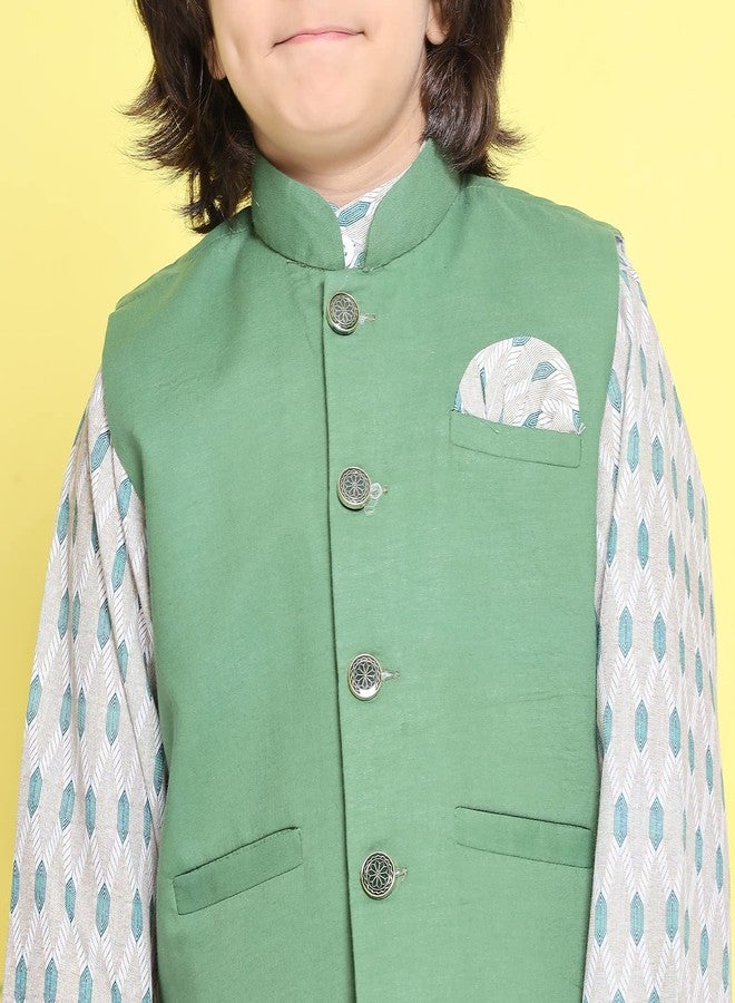 AJ DEZINES Kids Green Cotton Kurta Trouser With Waistcoat Set For Boys - (Green, 6-7 Years) - Image 4