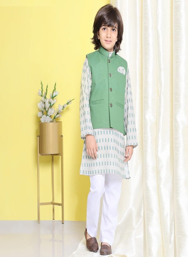 AJ DEZINES Kids Green Cotton Kurta Trouser With Waistcoat Set For Boys - (Green, 6-7 Years) - Image 3