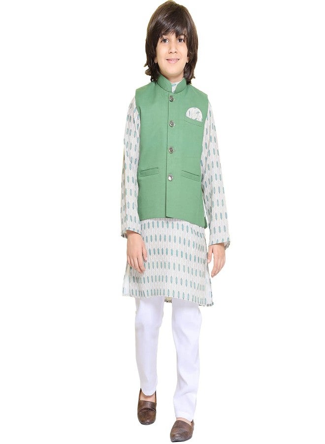 AJ DEZINES Kids Green Cotton Kurta Trouser With Waistcoat Set For Boys - (Green, 6-7 Years) - Image 1
