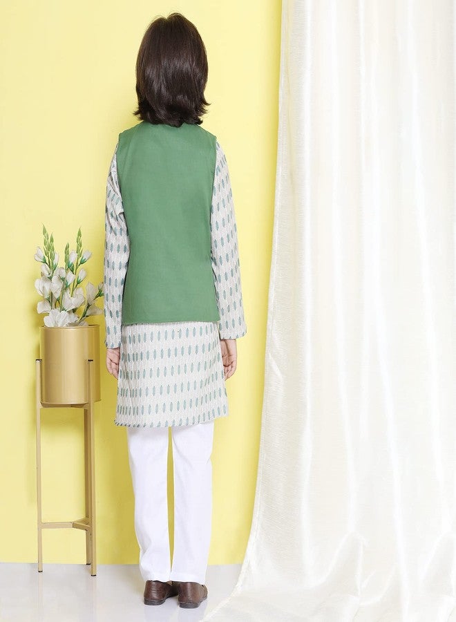 AJ DEZINES Kids Green Cotton Kurta Trouser With Waistcoat Set For Boys - (Green, 6-7 Years) - Image 2
