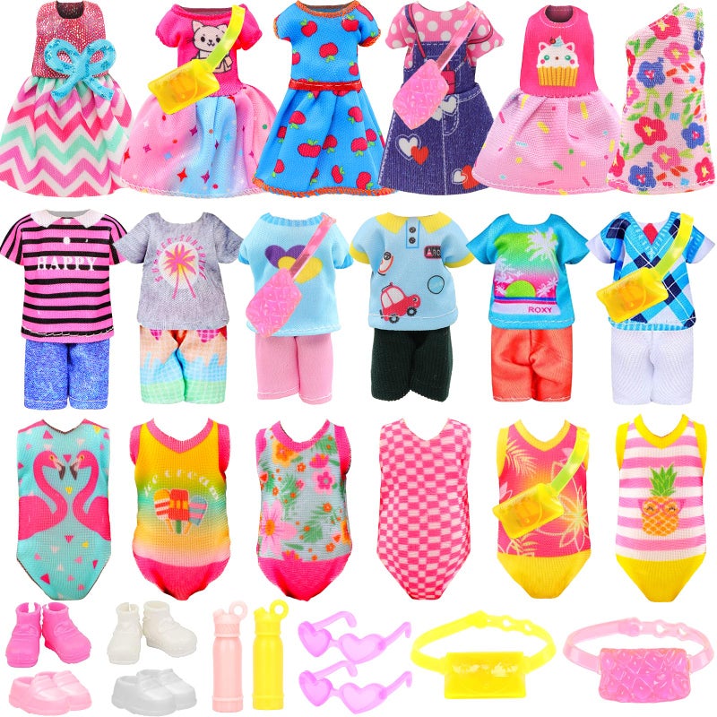 Miunana 22 Pcs Mini 5 inch Doll Clothes and Accessories Including 4 Sets Fashion Dresses 4 Casual Tops and Pants Outifits 4 Swimsuits with 4 Shoes 2 Glasses 2 Shoulder Bag for 5-5.3 Inch Dolls - Image 1
