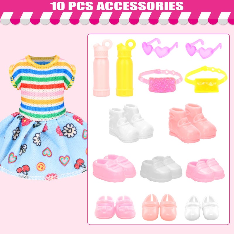 Miunana 22 Pcs Mini 5 inch Doll Clothes and Accessories Including 4 Sets Fashion Dresses 4 Casual Tops and Pants Outifits 4 Swimsuits with 4 Shoes 2 Glasses 2 Shoulder Bag for 5-5.3 Inch Dolls - Image 5